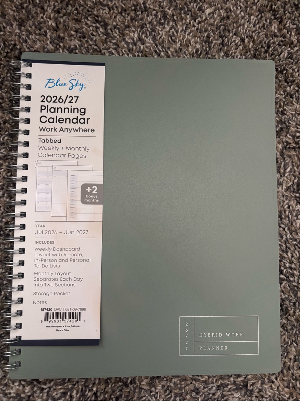 Blue Sky 2026/27 Hybrid Work Planner - Sage Green